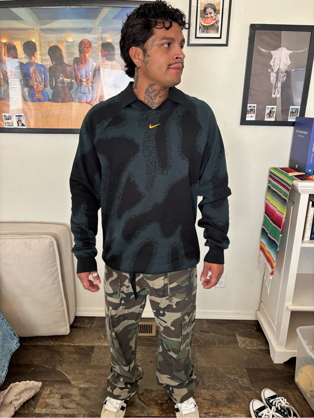 Nike Black & Dark Green Pullover Polo Sweatshirt with Yellow Swoosh - Picture 1 of 3